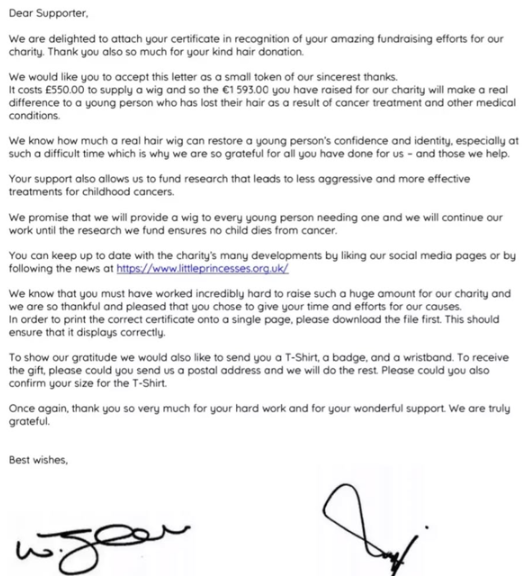 Dokaz dobrodelne donacije organizaciji Little Princess Trust